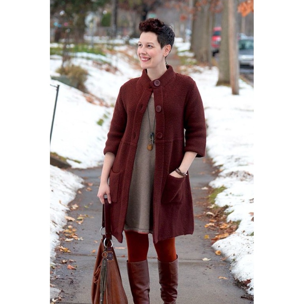 Eileen Fisher Wool Chunky 3/4 Sleeve Cardigan Maroon